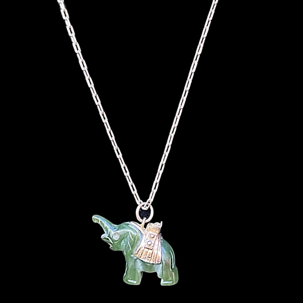 Vintage Jade Nephrite Elephant Vermeil Pendant Necklace
